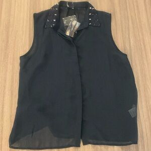 NWT Sparkle & Fade Navy Sheer Studded Collar Sleeveless Blouse Tank Top!
